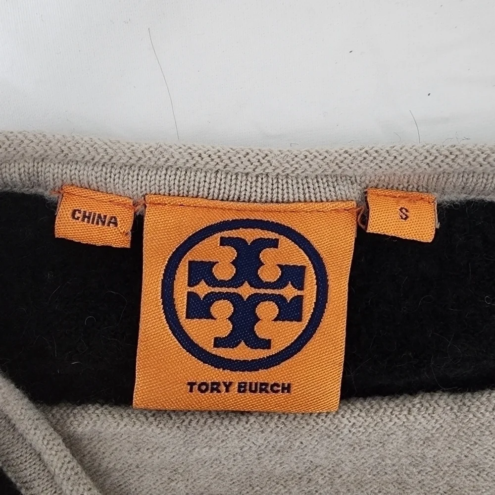 Tory Burch Striped Black Tan Long Sleeve Wool Sweater Size S